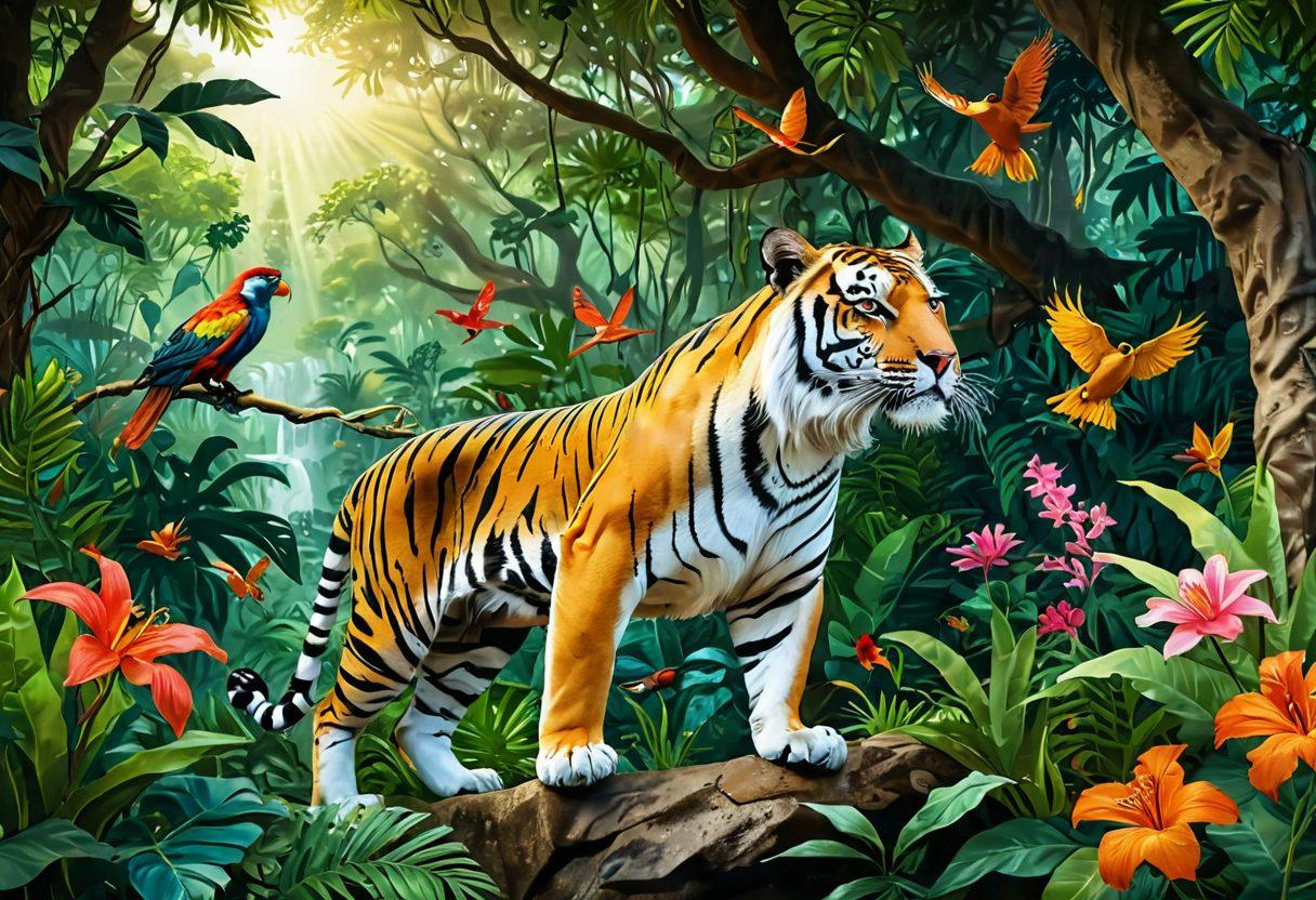A vibrant jungle scene teeming with exotic animals like a majestic tiger, playful monkeys, and colorful birds, showcasing the beauty and thrill of animal encounters. Include a passionate adventurer observing joyfully in the foreground, surrounded by lush greenery and bright flowers. The sunlight filters through the trees, creating a magical atmosphere. Create a sense of excitement and connection between humans and wildlife. super-realistic. vibrant colors. white background.