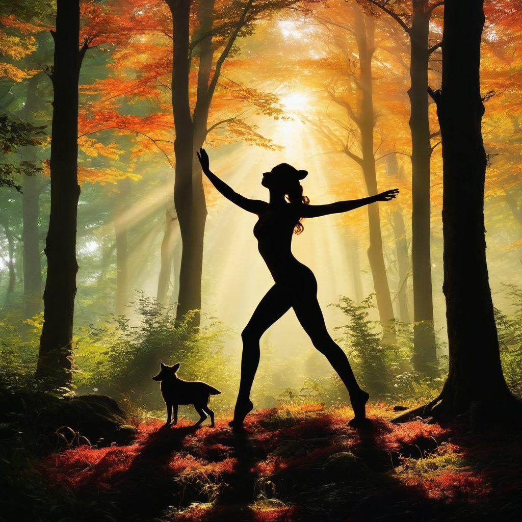 A silhouette of a person gracefully dancing in a lush forest, surrounded by wild animals such as deer, wolves, and birds, all harmoniously engaged in the rhythm of nature. Vivid foliage and dappled sunlight filtering through the trees create a magical atmosphere, symbolizing a deep connection with wildlife. The scene conveys a sense of freedom and passion, with vibrant colors enhancing the energy. super-realistic. vibrant colors. ethereal lighting.