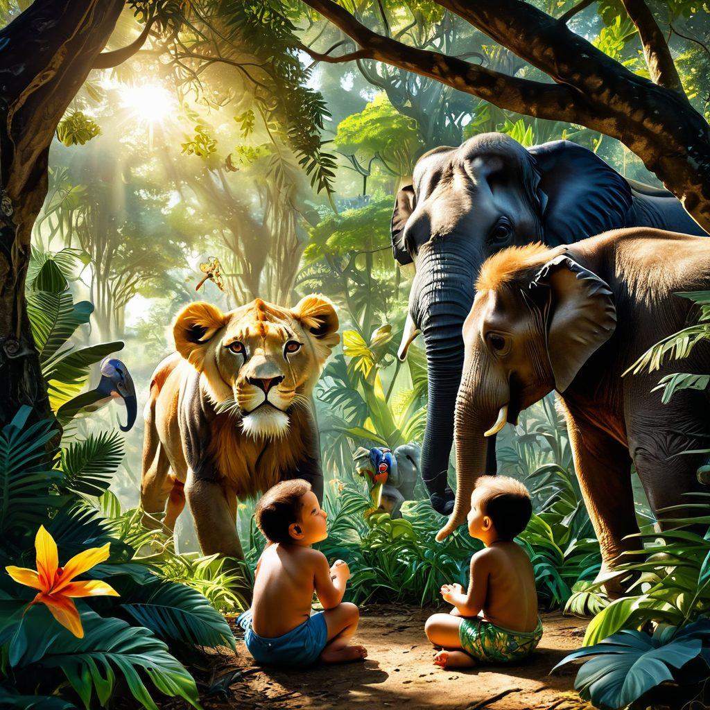 A vibrant jungle scene filled with exotic animals like a majestic lion, colorful parrots, and playful monkeys, all showcasing their natural behaviors. In the foreground, a captivated small child with wide eyes, reflecting innocence and wonder, interacts with a curious baby elephant. The background features dense foliage and dappled sunlight filtering through the trees, creating a sense of adventure and excitement. super-realistic. vibrant colors.